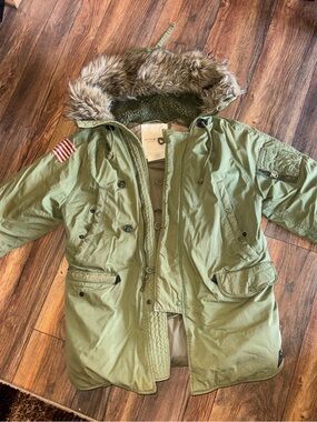 Vintage Ralph Lauren Denim & Supply Olive Green Parka Jacket with Faux Fur Hood